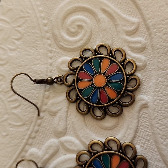 BOHEMIAN Flower Disc  earrings  Multicolor Enamal - Picture 2 of 3